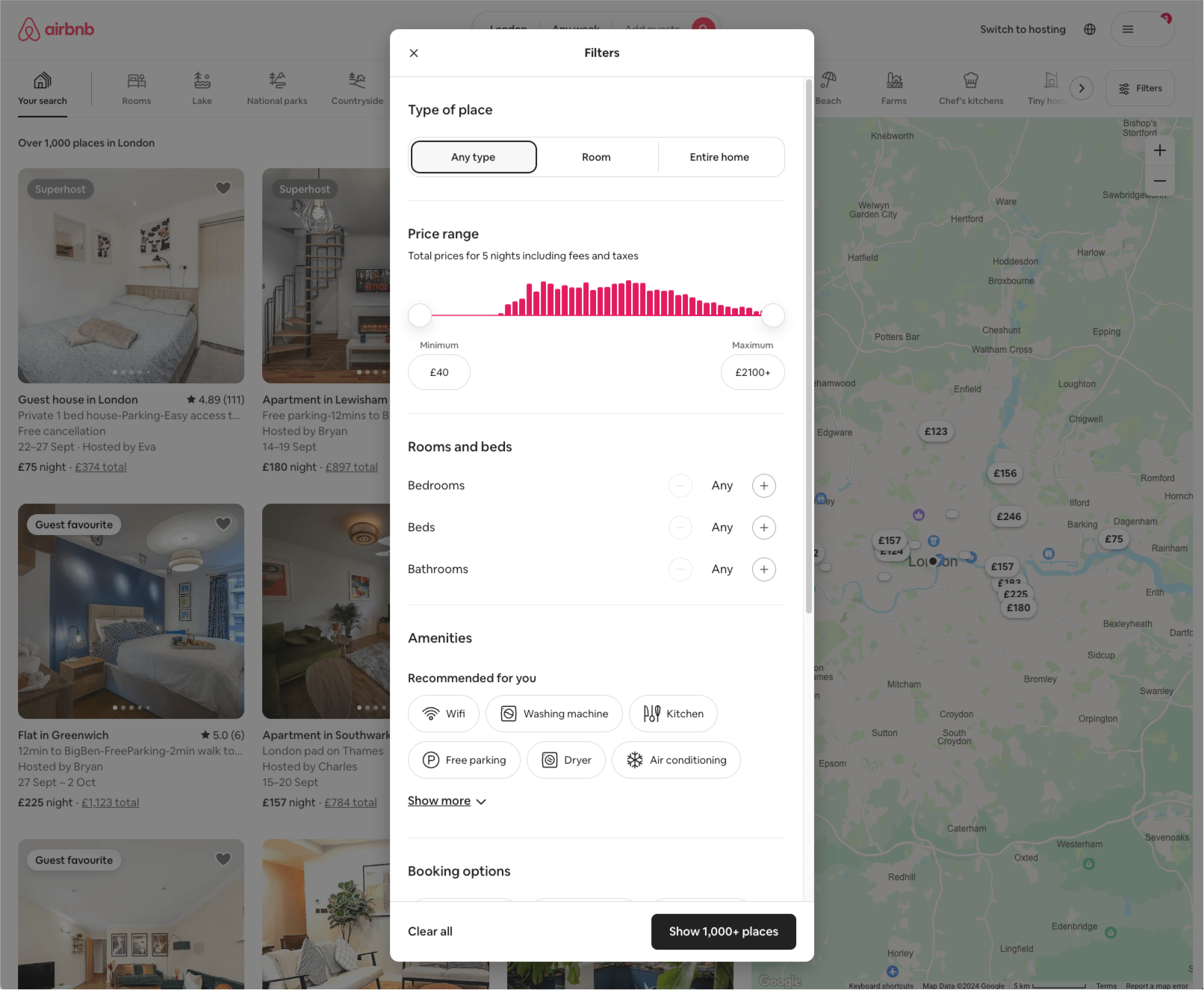 Airbnb search interface showing a calendar for selecting check-in and check-out dates in September and October 2024. Property listings with prices and photos are displayed on the left, and a map of London with price markers is visible on the right.