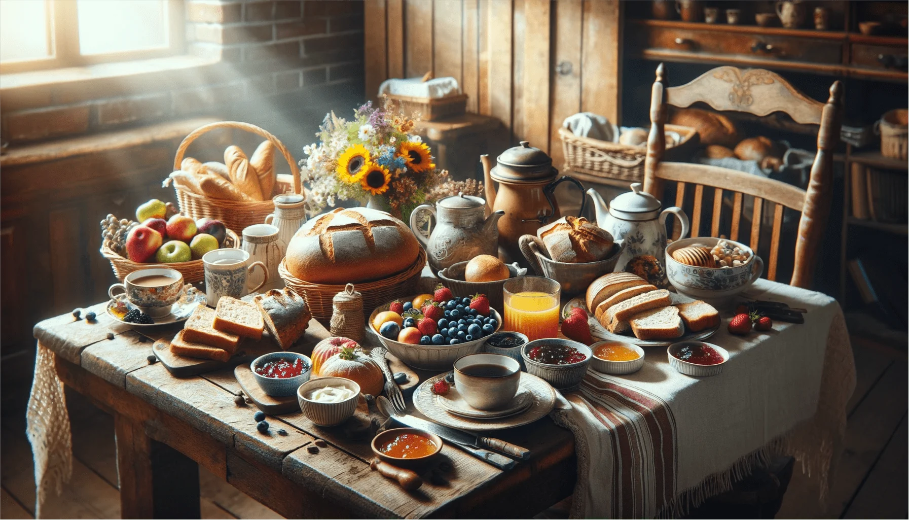 Inviting B&B breakfast table with homemade bread, jams, fresh fruits, and hot coffee in a rustic setting.