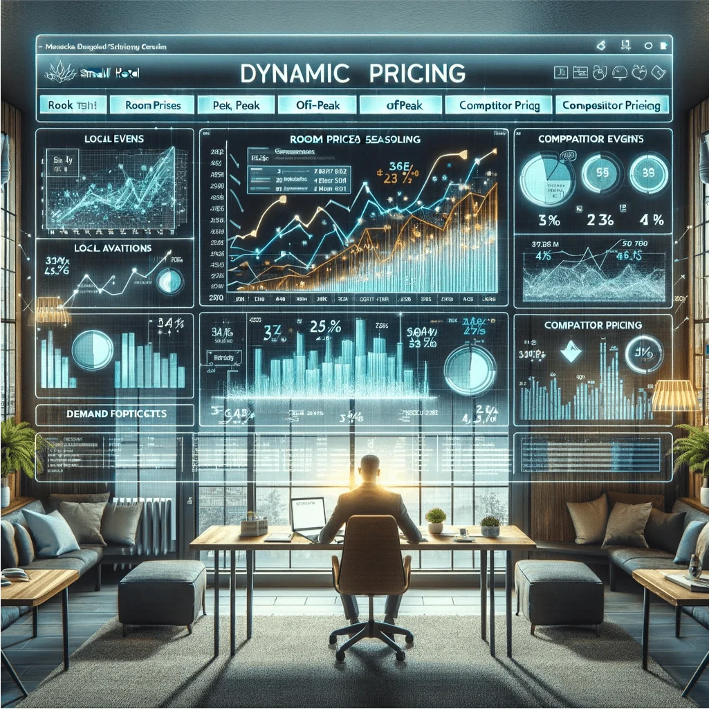 Hotel revenue manager analyzing market comparables intelligence on a sophisticated analytics dashboard