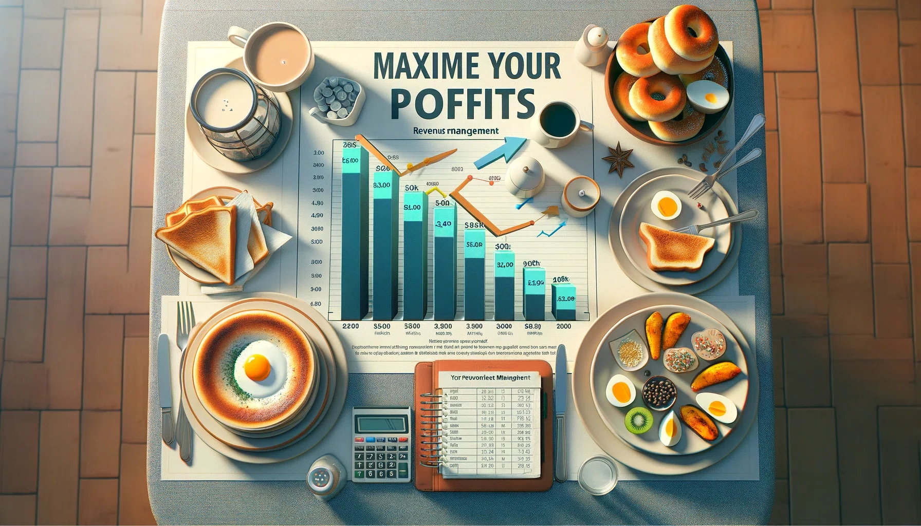 Breakfast table with revenue management charts emphasizing profit maximization for B&Bs