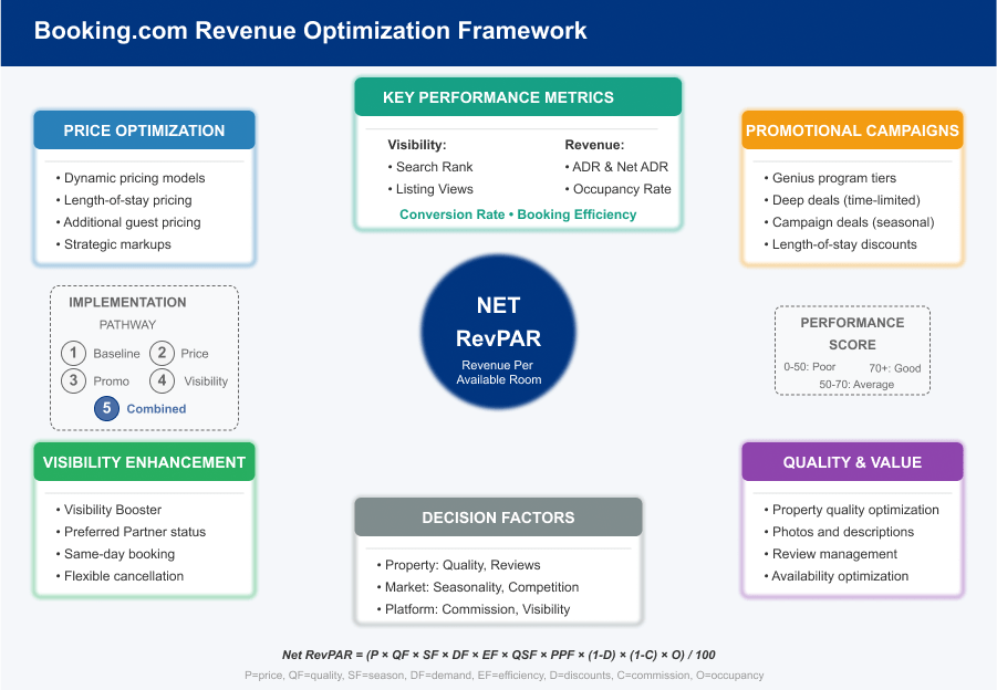 Diagram titled “Booking.com Revenue Optimisation Framework” centred on a blue circle labelled “Net RevPAR (Revenue Per Available Room).” Surrounding it are six coloured boxes: • Price Optimisation (blue): dynamic pricing models, length‑of‑stay pricing, additional guest pricing, strategic markups. • Promotional Campaigns (amber): Genius programme tiers, deep deals (time‑limited), seasonal campaign deals, length‑of‑stay discounts. • Visibility Enhancement (green): Visibility Booster, Preferred Partner status, same‑day booking, flexible cancellation. • Quality & Value (purple): property quality optimisation, photos and descriptions, review management, availability optimisation. • Key Performance Metrics (teal): visibility (search rank, listing views), revenue (ADR & net ADR, occupancy rate), plus conversion rate and booking efficiency. • Decision Factors (grey): property (quality, reviews), market (seasonality, competition), platform (commission, visibility).At left is an Implementation Pathway (dashed box) listing five steps: baseline, price, promo, visibility, combined. At right is a Performance Score legend (0–50 poor, 50–70 average, 70+ good). A formula at the bottom reads “Net RevPAR = (P × QF × SF × DF × EF × QSF × PPF × (1 – D) × (1 – C) × O) / 100.”