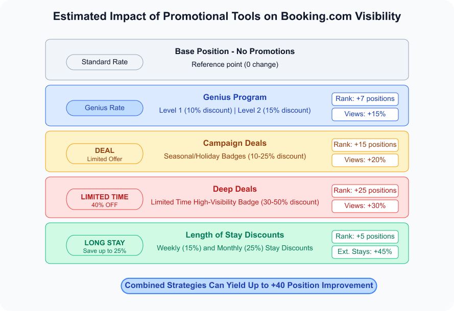 A vertical list of five promotional options and their estimated effects on search rank and view volume, arranged as coloured boxes: 1. Base Position – No Promotions (grey): standard rate, reference point (0 change). 2. Genius Programme (blue): Genius Rate with 10 % discount at Level 1 and 15 % at Level 2; improves rank by +7 positions and views by +15 %. 3. Campaign Deals (amber): seasonal/holiday badges offering 10–25 % discount; rank +15 positions, views +20 %. 4. Deep Deals (red): limited‑time high‑visibility badge with 30–50 % discount; rank +25 positions, views +30 %. 5. Length of Stay Discounts (green): weekly 15 % and monthly 25 % discounts; rank +5 positions, extended stays +45 %.A note at the bottom in blue states that combined strategies can yield up to +40 position improvement.